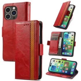 CaseNeo iPhone 14 Pro Max Luxury PU Leather Wallet Case with 3 Card Slots RED