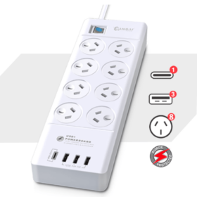 Sansai 8 Way Outlet 2400W Surge Protector Power Board with 3 USB-A & 1 USB-C ports