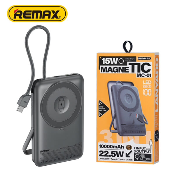 Remax 22.5W Max Magnetic Wireless Power Bank 10000mAh with Built-In Cables and Foldable Stand Black