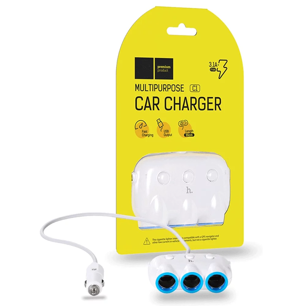 Hoco-yellow Hoco C1 Car Charger Splitter - White - Image 1