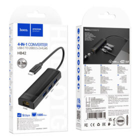 Hoco HB42 Easy Safety 4-in-1 Gigabit Ethernet Adapter (Type-C to USB 3.0 x 3 + RJ45) - Black