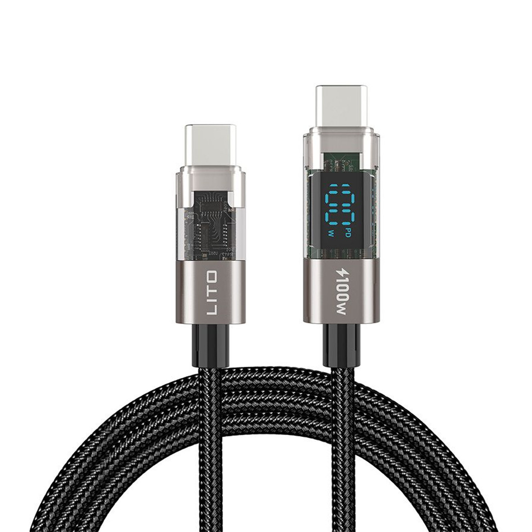 123asdsad3434 LITO LD09 100W USB-C to USB-C High-Speed Charging Braided Cable with Display – 120cm, Black - Image 1