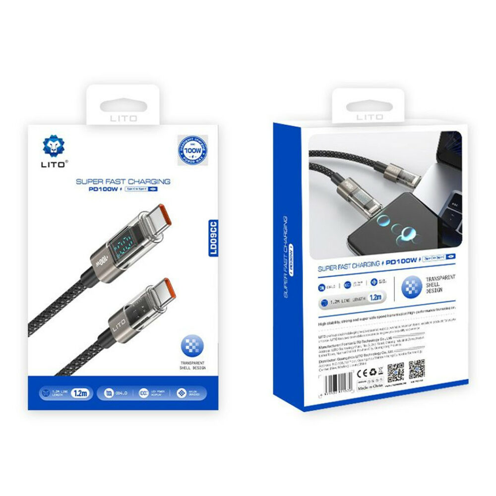 LITO LD09 100W USB-C to USB-C High-Speed Charging Braided Cable with Display – 120cm, Black - Image 2