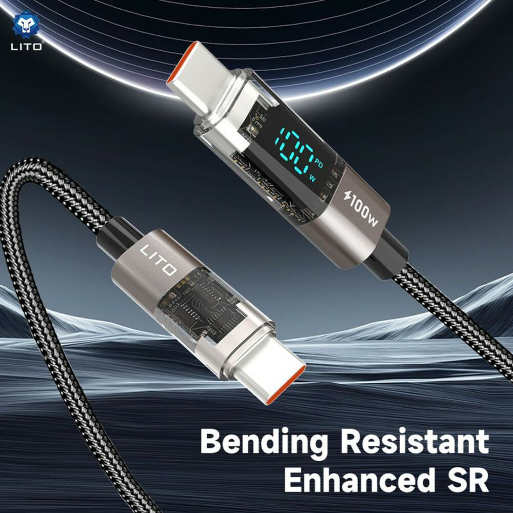 LITO LD09 100W USB-C to USB-C High-Speed Charging Braided Cable with Display – 120cm, Black - Image 4