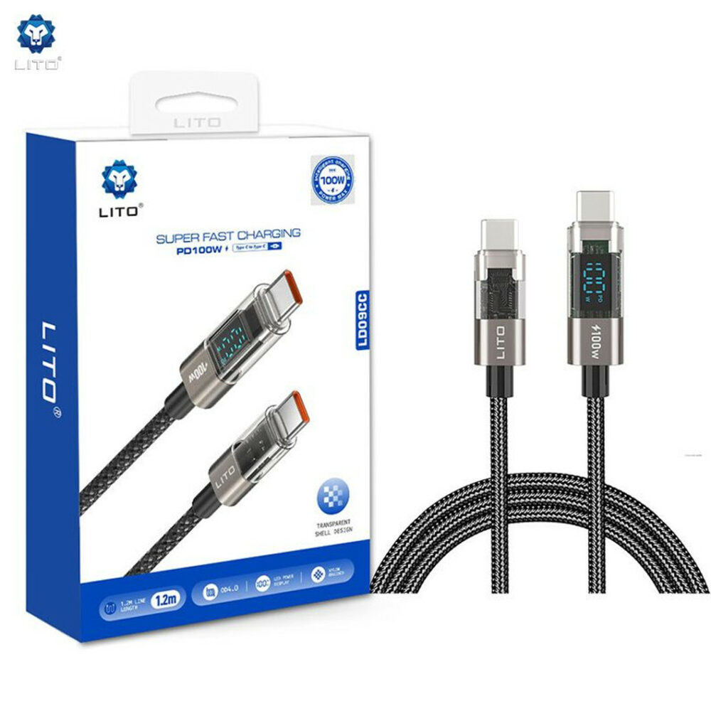 LITO LD09 100W USB-C to USB-C High-Speed Charging Braided Cable with Display – 120cm, Black - Image 3