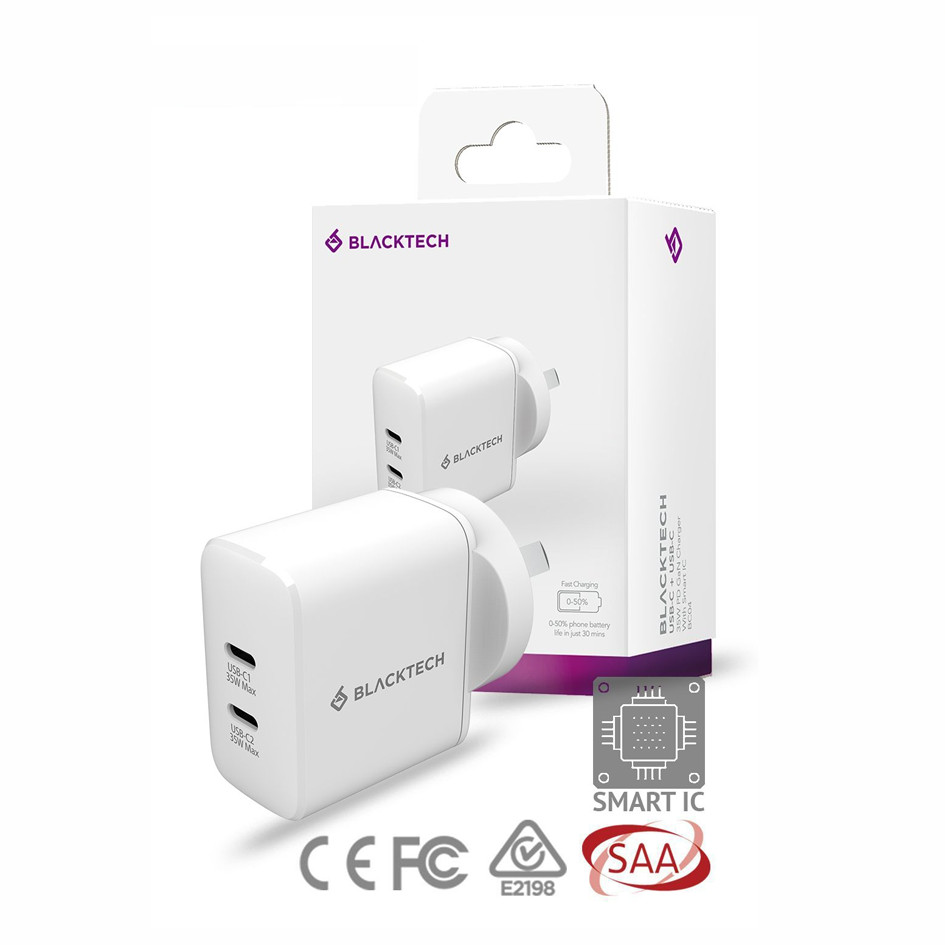 asd3343434 BLACKTECH BC04 Dual USB-C 35W PD QC3.0 Adapter With Smart IC – White - Image 1