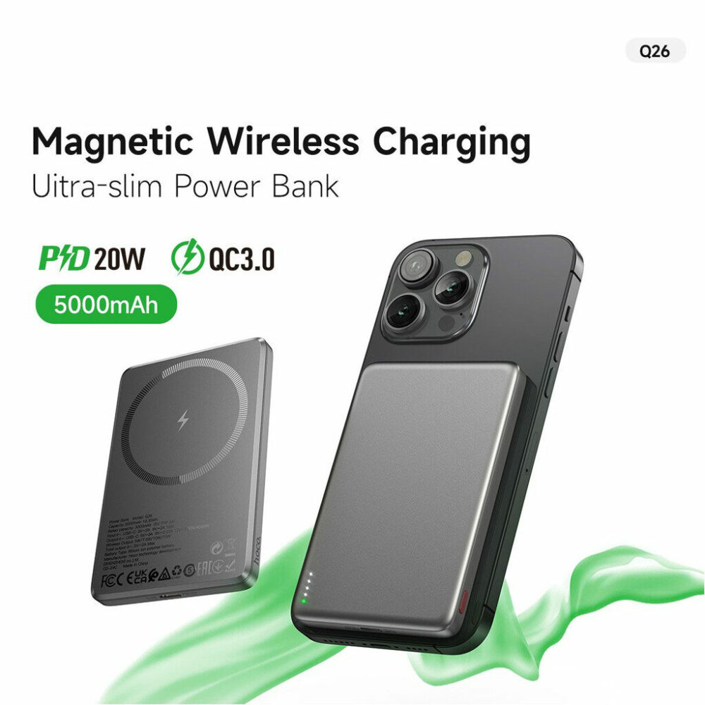 Hoco Q26 Joy 5000mAh 20W Magnetic Wireless Charging Power Bank – Brand New – Mag-Compatible – Metal Gray - Image 3