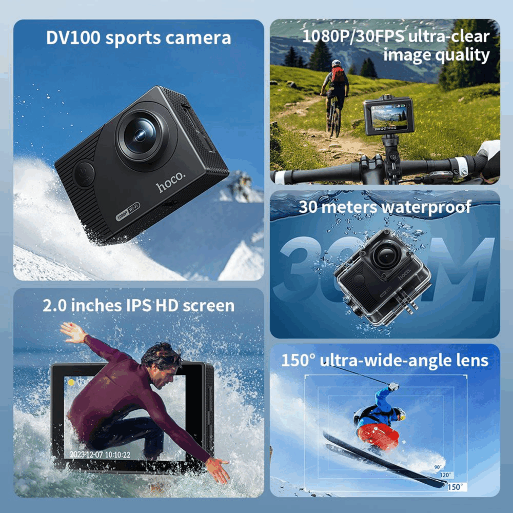 Hoco DV100 Full HD Sports Action Camera – Black Waterproof Wide-Angle Camcorder - Image 3