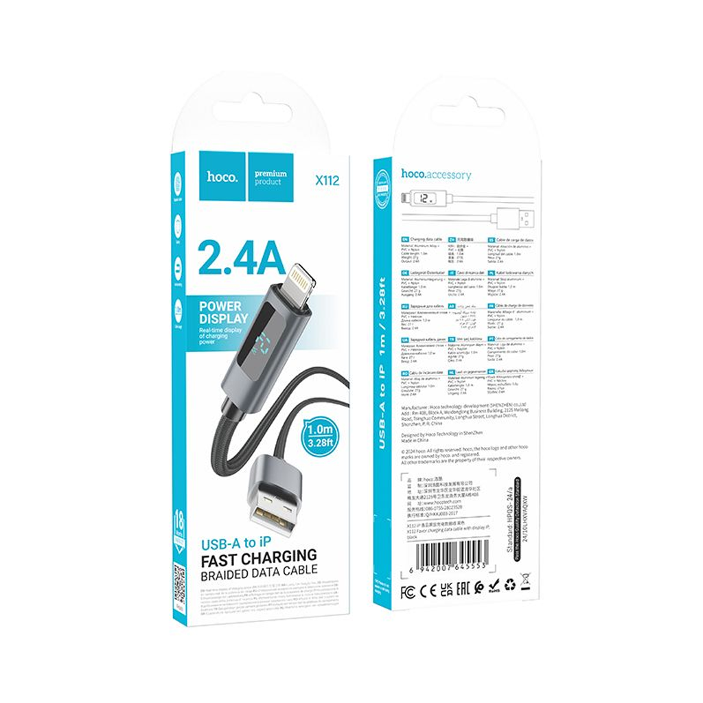 a22321 hoco. X112 USB-A to Lightning “Screen-Display” Charging & Data Cable — Black - Image 1