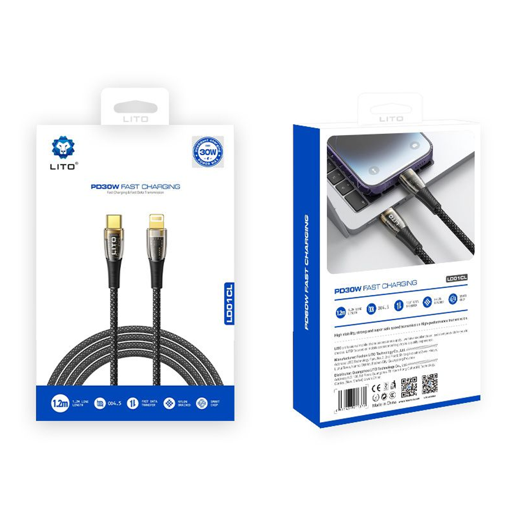 asdas2232323 LITO LD01 USB-C to iPhone Silicone Fast-Charging Cable (120 cm) — Black - Image 1