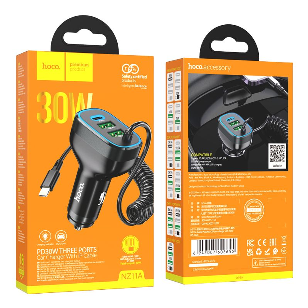 car23 hoco NZ11A “Guide” 30W PD Car Charger (1×USB-C + 2×USB-A) with Lightning Cable – Black - Image 1