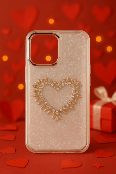 Romantic Glitter Clear Phone Case — Silver Heart Design (for iPhone 17 Air)