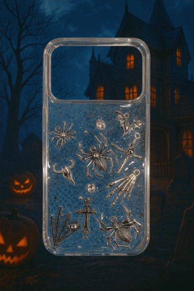 Halloween Horror Clear Phone Case — Spiders, Bats & Gothic Charms (for iPhone 17 Pro)