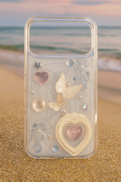 Clear Aesthetic Phone Case — Butterfly, Pearls & Heart Frame (for iPhone 17 Pro Max)