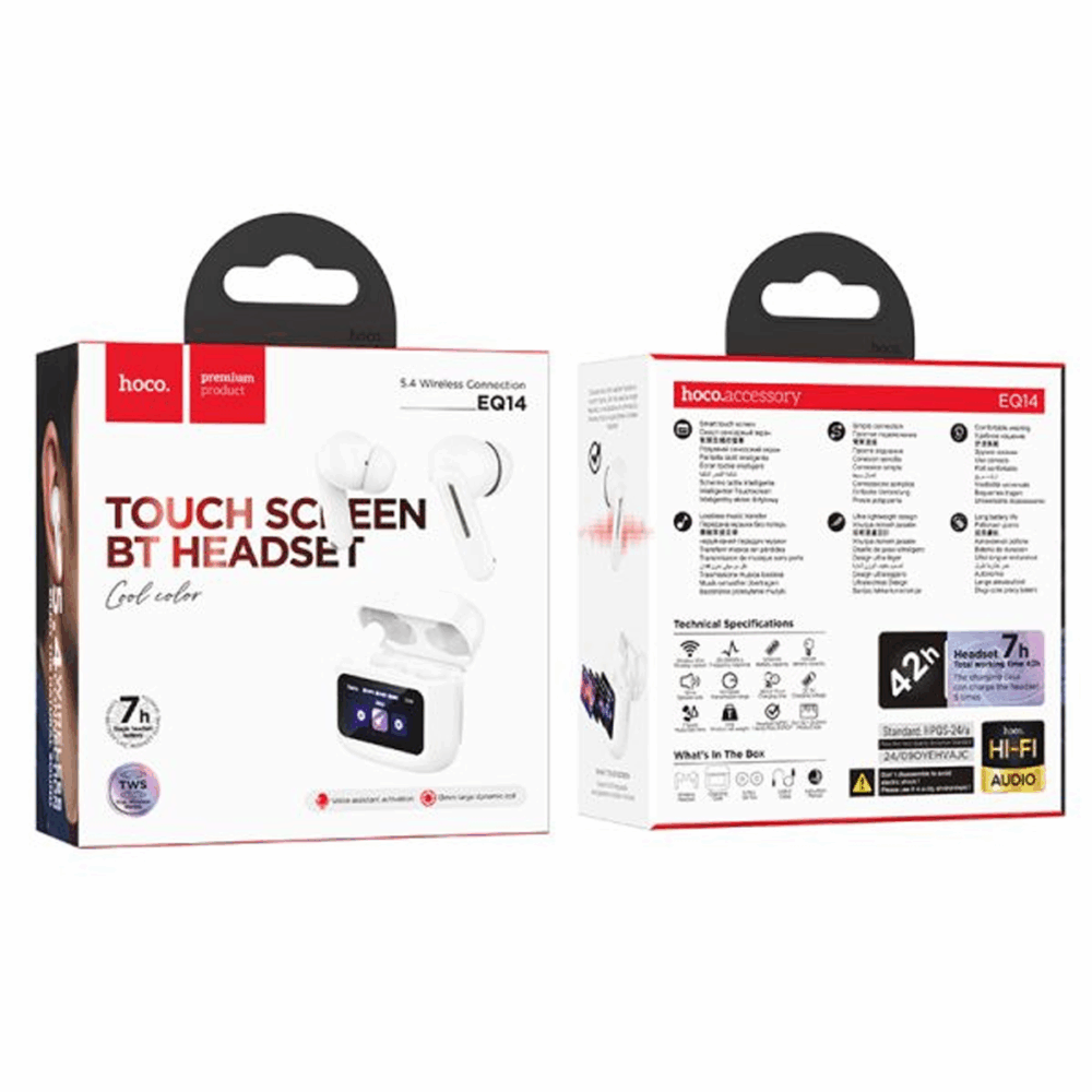 hoco. EQ14 Cool Color True Wireless Bluetooth Headset with Touch Screen – White - Image 2