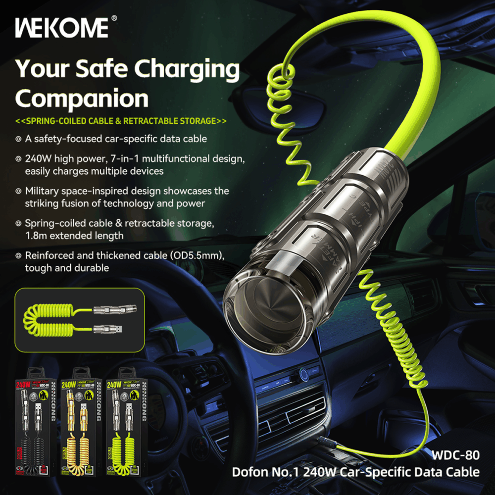 WEKOME WDC-80 Dofon No.1 240 W Car-Specific Fast Charging Data Cable (USB-C to USB-C) – Green - Image 5