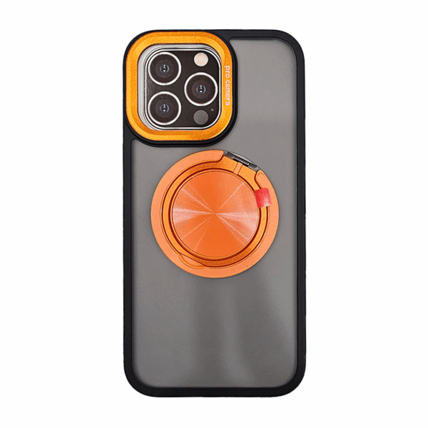 Shockproof Armor Phone Case — 360° Ring Holder Stand & Slide Camera Cover for iPhone 15 Pro Max – Orange