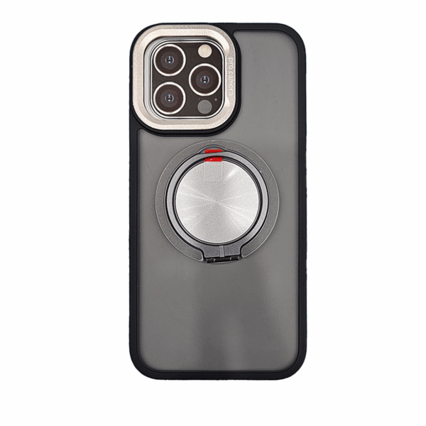 Shockproof Armor Phone Case — 360° Ring Holder Stand & Slide Camera Cover for iPhone 15 Pro Max – Grey