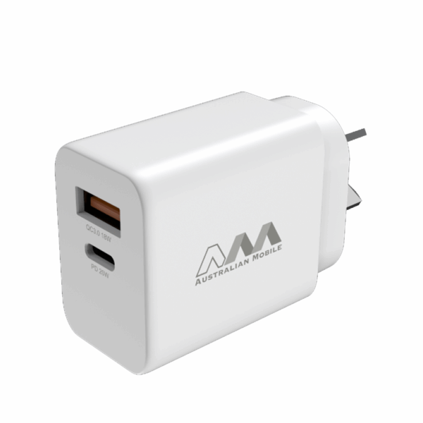 Australian Mobile AMC02 USB-C + USB-A 20W PD QC3.0 Adapter With Smart IC – SAA Approved Australia Safety Product