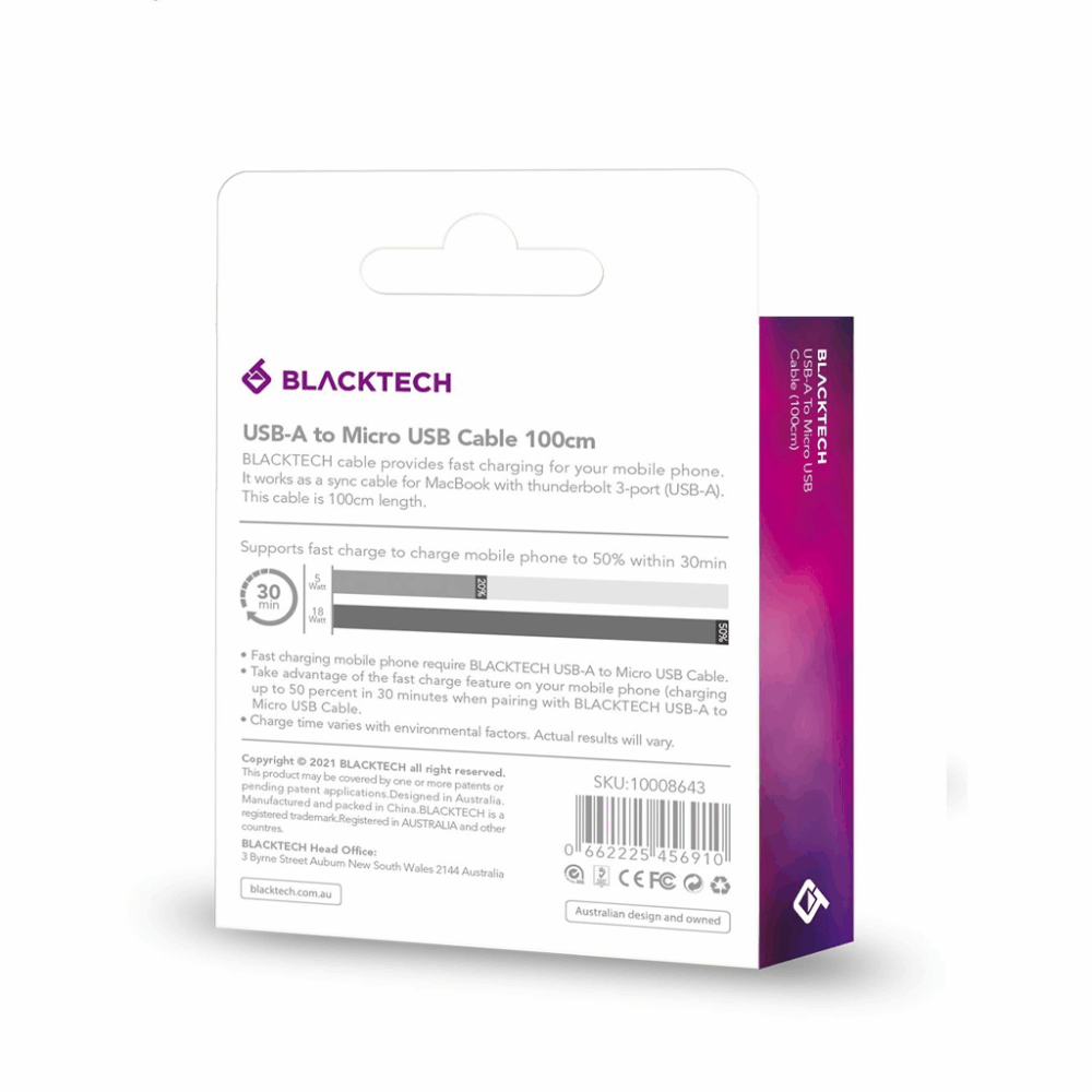 BLACKTECH USB-A to Micro-USB Fast Charging Cable 100cm – White - Image 2