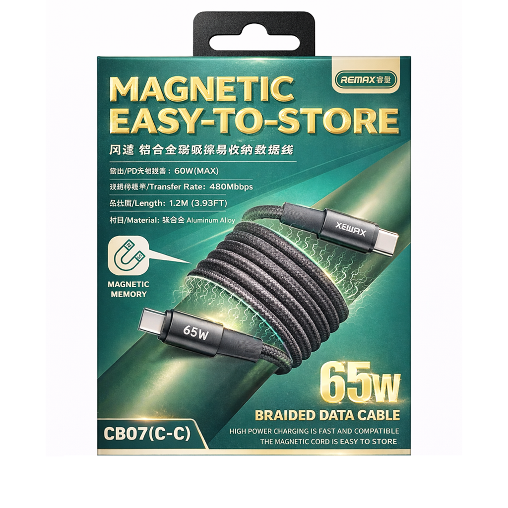 2s232as2 REMAX CB07 USB-C to USB-C 65W Fast Charging Cable 1.2M • Magnetic Braided - Image 1