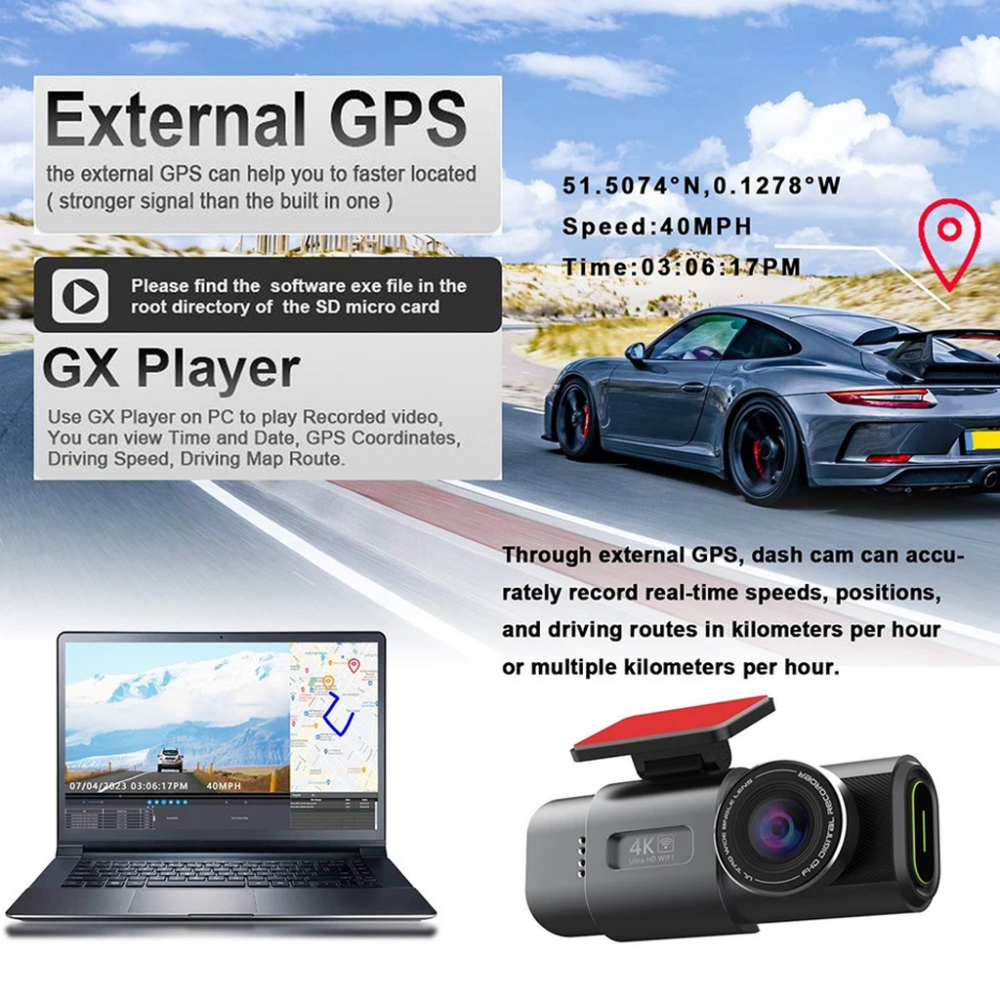 Dual Lens 4K Dash Cam • 1080P DVR • GPS • WiFi • Black - Image 9