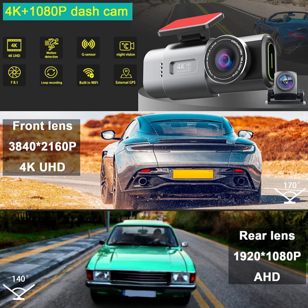 Dual Lens 4K Dash Cam • 1080P DVR • GPS • WiFi • Black - Image 7